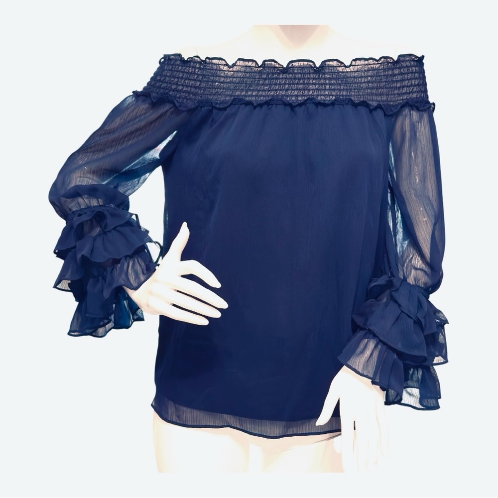 CeCe Navy Off The Shoulder Ruffle Blouse Smocked Romantic Top Size S